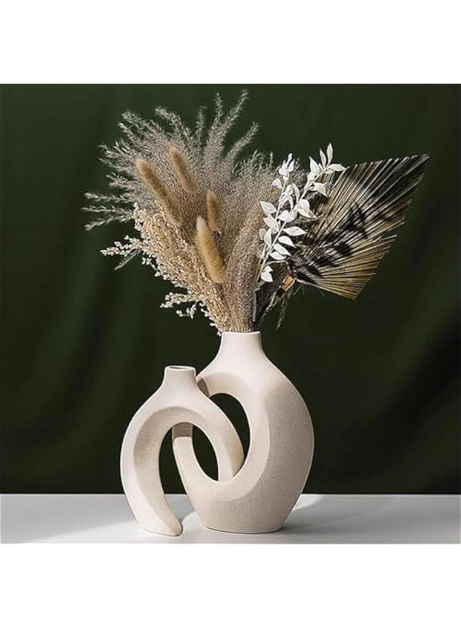 هوكور مجموعة مزهرية سيراميك مجوفة من ار سي او مكونة من قطعتين، مزهرية سيراميك لديكور المنزل العصري، مزهريات بوهو دونات بيضاء بتصميم نورديك بسيط لتزيين الطاولة المركزية وحفلات الزفاف وغرفة الطعام وغرفة - Image 1