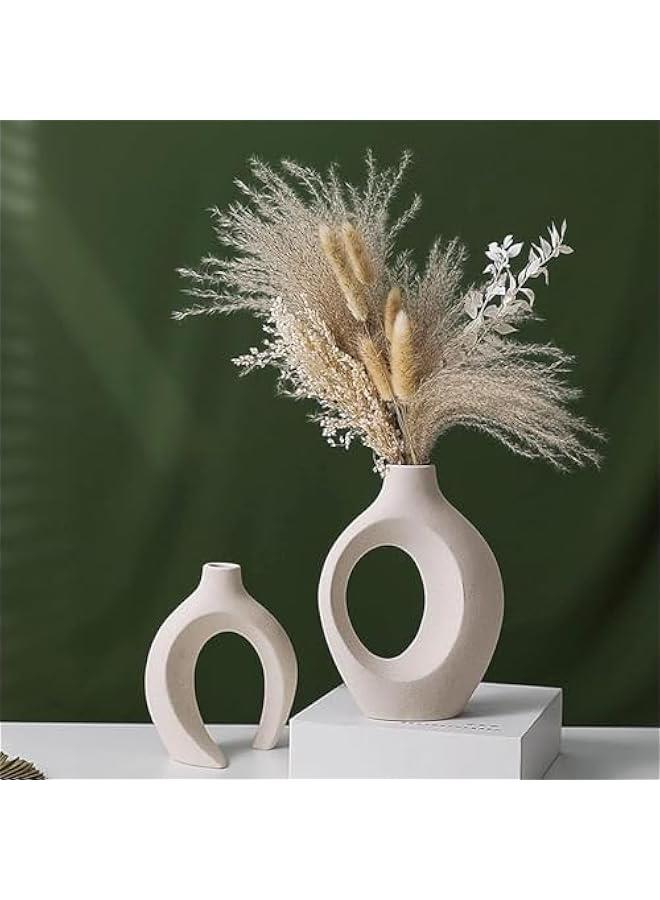 هوكور مجموعة مزهرية سيراميك مجوفة من ار سي او مكونة من قطعتين، مزهرية سيراميك لديكور المنزل العصري، مزهريات بوهو دونات بيضاء بتصميم نورديك بسيط لتزيين الطاولة المركزية وحفلات الزفاف وغرفة الطعام وغرفة - Image 2