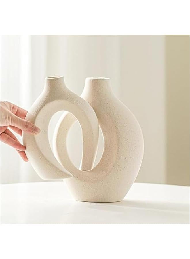 هوكور مجموعة مزهرية سيراميك مجوفة من ار سي او مكونة من قطعتين، مزهرية سيراميك لديكور المنزل العصري، مزهريات بوهو دونات بيضاء بتصميم نورديك بسيط لتزيين الطاولة المركزية وحفلات الزفاف وغرفة الطعام وغرفة - Image 3