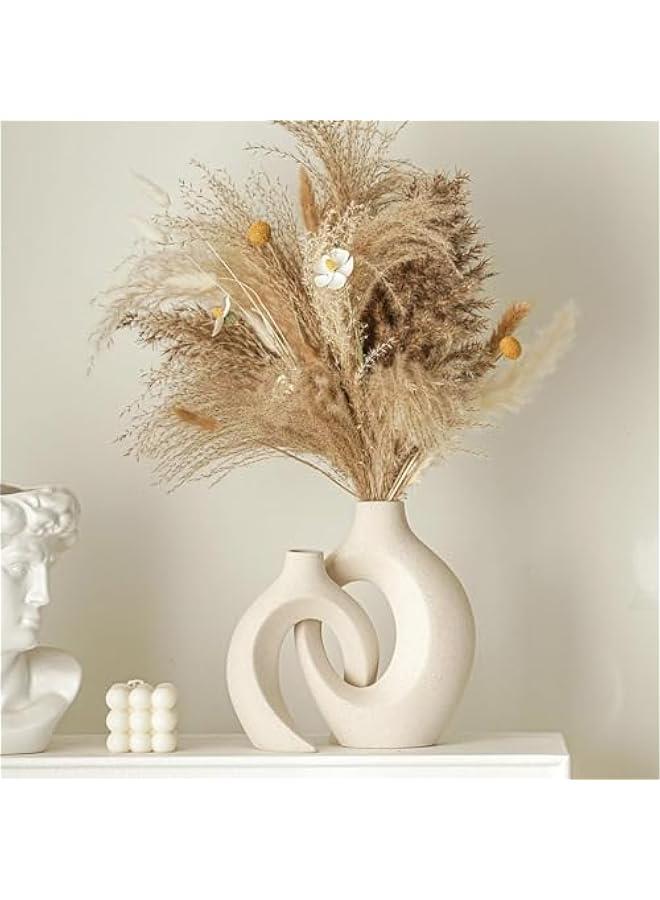 هوكور مجموعة مزهرية سيراميك مجوفة من ار سي او مكونة من قطعتين، مزهرية سيراميك لديكور المنزل العصري، مزهريات بوهو دونات بيضاء بتصميم نورديك بسيط لتزيين الطاولة المركزية وحفلات الزفاف وغرفة الطعام وغرفة - Image 4