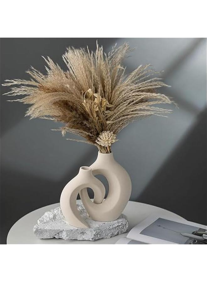 هوكور مجموعة مزهرية سيراميك مجوفة من ار سي او مكونة من قطعتين، مزهرية سيراميك لديكور المنزل العصري، مزهريات بوهو دونات بيضاء بتصميم نورديك بسيط لتزيين الطاولة المركزية وحفلات الزفاف وغرفة الطعام وغرفة - Image 5