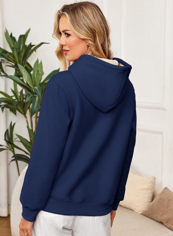 Flygo Women's Sherpa Fleece Lined Hoodie Winter Warm Thermal Heavyweight Plain Pullover Thicken Sweatshirt Tops with Pockets, Navy, S - Image 4
