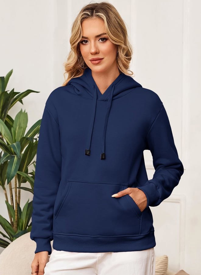 Flygo Women's Sherpa Fleece Lined Hoodie Winter Warm Thermal Heavyweight Plain Pullover Thicken Sweatshirt Tops with Pockets, Navy, S - Image 3