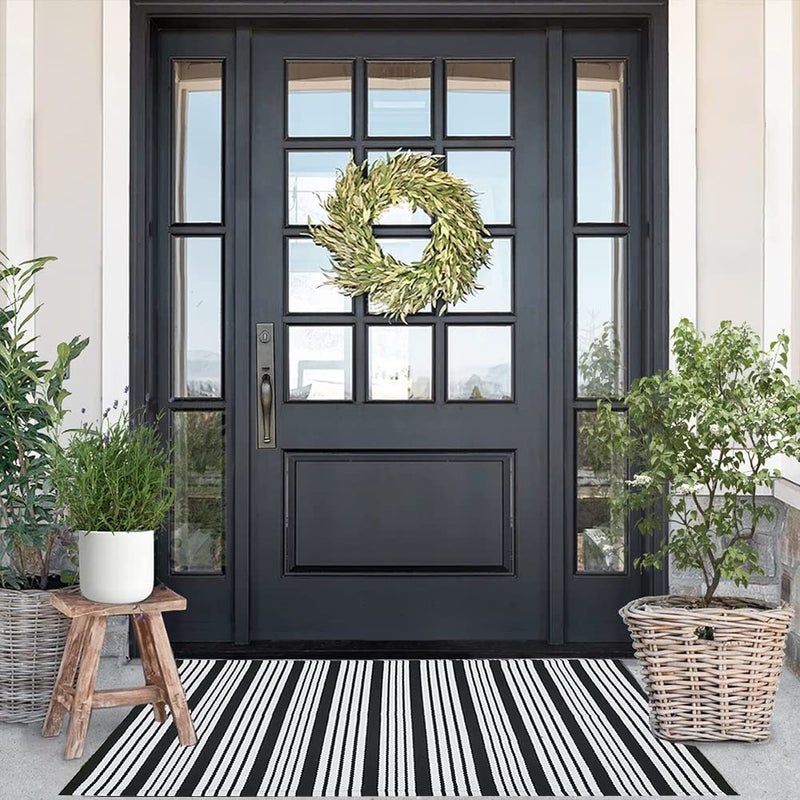 KaHouen KaHouen Cotton Black and White Striped Rug 275 x 43 Inches Washable Stripe Outdoor HandWoven Reversible Stripe Rug for Outdoor EntrywayLaundry RoomFarmhouseKitchen 