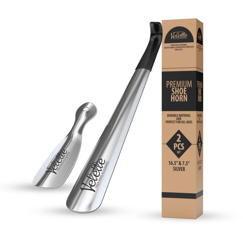 Velette 2 Pack Metal Shoe Horn Long Handle for Seniors - 16.5" Extra Long Shoe Horn for Seniors, 7.5" Travel Shoes Horns for Men, Women, and Kids - Shoehorn Long-Handle, Shoes Spoon, Gifts for Elders - Image 1