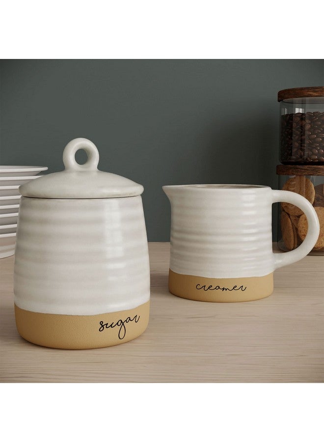 Barnyard Designs Ceramic Stoneware Sugar Creamer Set, 11oz Creamer Pitcher and Sugar Bowl with Lid, Vintage Farmhouse Sugar Creamer Dispenser Container Holder, Sugar Cube Dish Coffee or Tea, Ivory/Tan - Image 2
