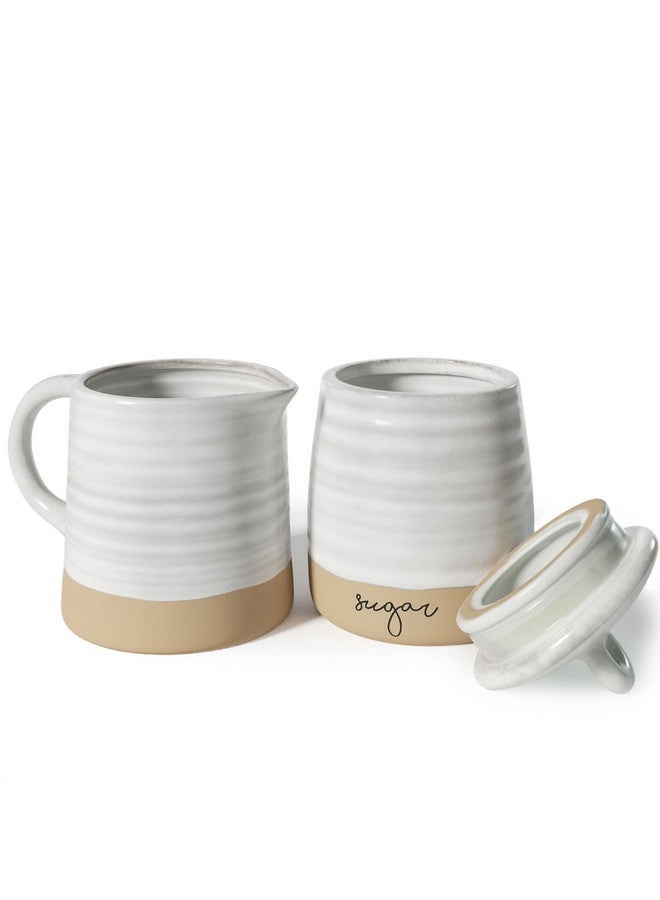 Barnyard Designs Ceramic Stoneware Sugar Creamer Set, 11oz Creamer Pitcher and Sugar Bowl with Lid, Vintage Farmhouse Sugar Creamer Dispenser Container Holder, Sugar Cube Dish Coffee or Tea, Ivory/Tan - Image 5