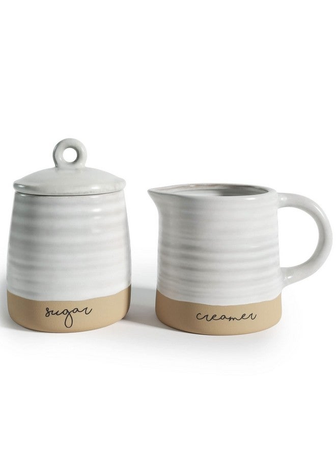 Barnyard Designs Ceramic Stoneware Sugar Creamer Set, 11oz Creamer Pitcher and Sugar Bowl with Lid, Vintage Farmhouse Sugar Creamer Dispenser Container Holder, Sugar Cube Dish Coffee or Tea, Ivory/Tan - Image 1