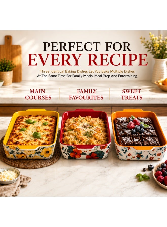 3-Piece Ceramic Baking Dish Set – Floral Rectangular Oven Baking Pans for Lasagna Brownies Casserole & Serving – Colorful Glazed Bakeware for Kitchen Oven Safe Ceramic Tray Set - Image 5