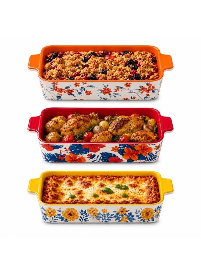 3-Piece Ceramic Baking Dish Set – Floral Rectangular Oven Baking Pans for Lasagna Brownies Casserole & Serving – Colorful Glazed Bakeware for Kitchen Oven Safe Ceramic Tray Set - Image 1