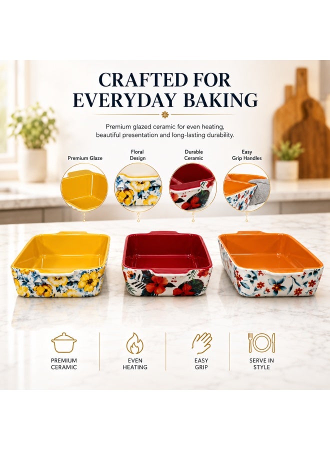 3-Piece Ceramic Baking Dish Set – Floral Rectangular Oven Baking Pans for Lasagna Brownies Casserole & Serving – Colorful Glazed Bakeware for Kitchen Oven Safe Ceramic Tray Set - Image 4