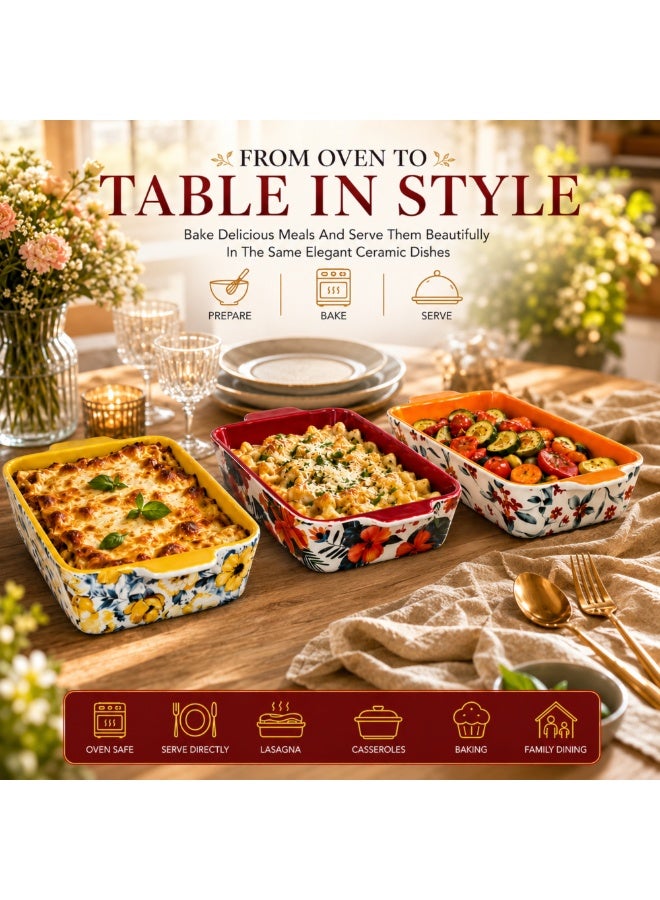 3-Piece Ceramic Baking Dish Set – Floral Rectangular Oven Baking Pans for Lasagna Brownies Casserole & Serving – Colorful Glazed Bakeware for Kitchen Oven Safe Ceramic Tray Set - Image 2