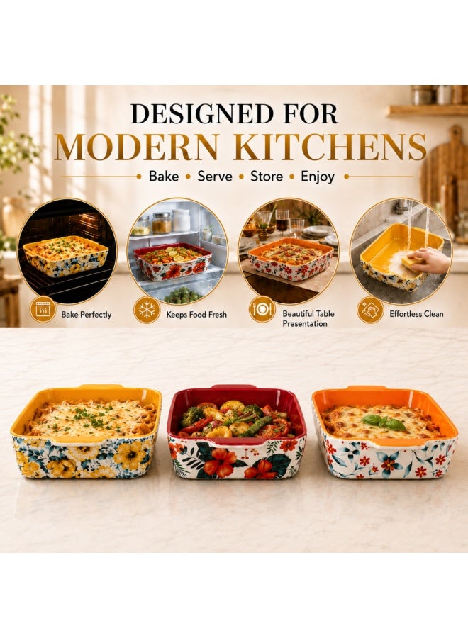 3-Piece Ceramic Baking Dish Set – Floral Rectangular Oven Baking Pans for Lasagna Brownies Casserole & Serving – Colorful Glazed Bakeware for Kitchen Oven Safe Ceramic Tray Set - Image 3