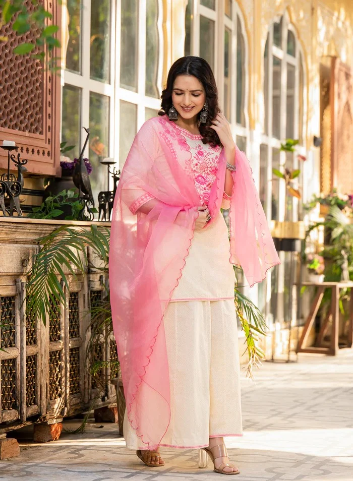 Studio Blue Ivory and Pink Embroidered Kurti Dress with Dupatta