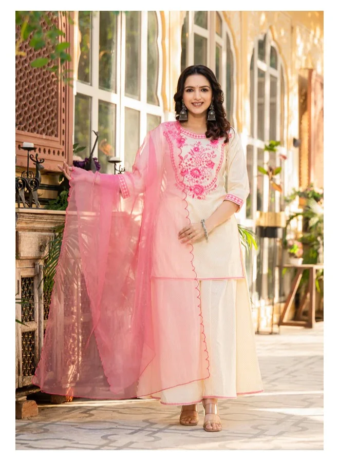 Studio Blue Ivory and Pink Embroidered Kurti Dress with Dupatta