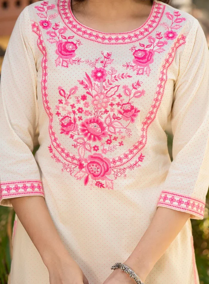 Studio blue Ivory and Pink Embroidered Kurti Dress with Dupatta