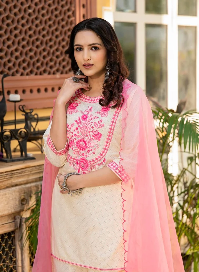 Studio blue Ivory and Pink Embroidered Kurti Dress with Dupatta