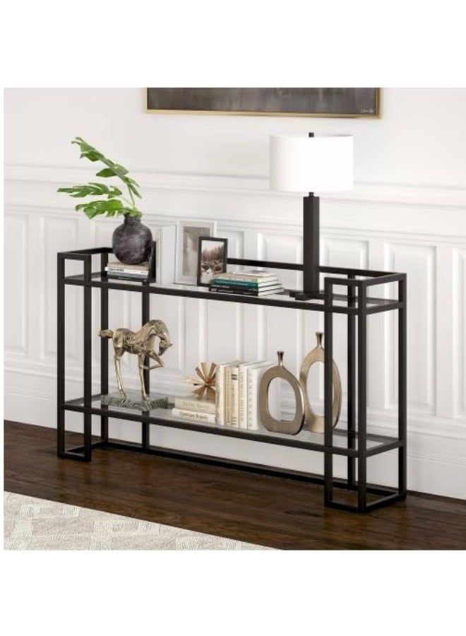 HOME TASTE Glass Console Table Metal Console Table With Dual Clear Glass Shelve Entryway Table Narrow Modern Console Table Tv Stand Dressing Table Stand Modern Hallway Table Black - Image 1