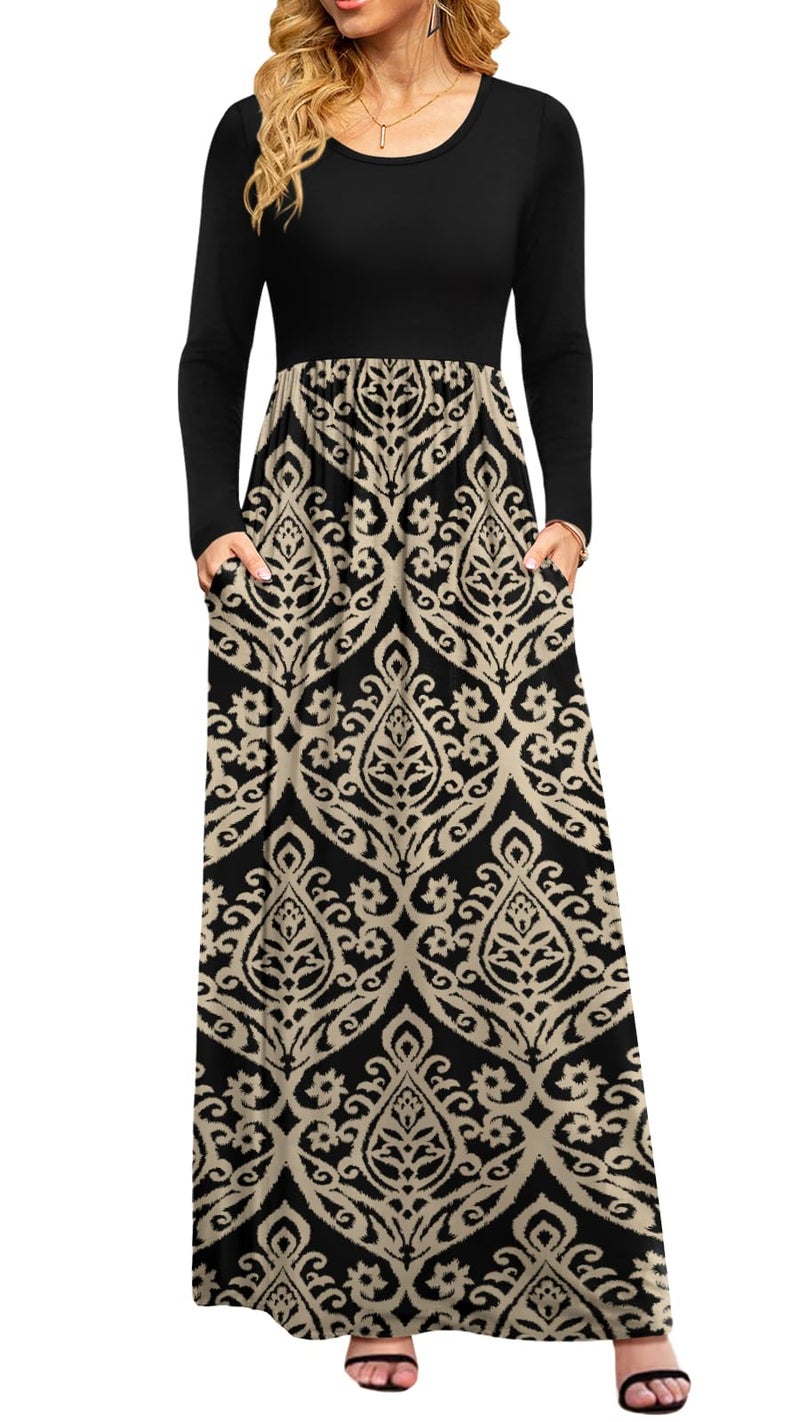 DB MOON Women Casual Long Sleeve Maxi Dresses Empire Waist Long Dress with Pockets Black and Gold L - Image 1