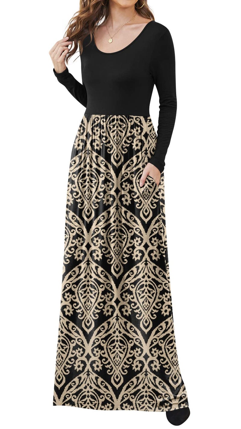 DB MOON Women Casual Long Sleeve Maxi Dresses Empire Waist Long Dress with Pockets Black and Gold L - Image 2