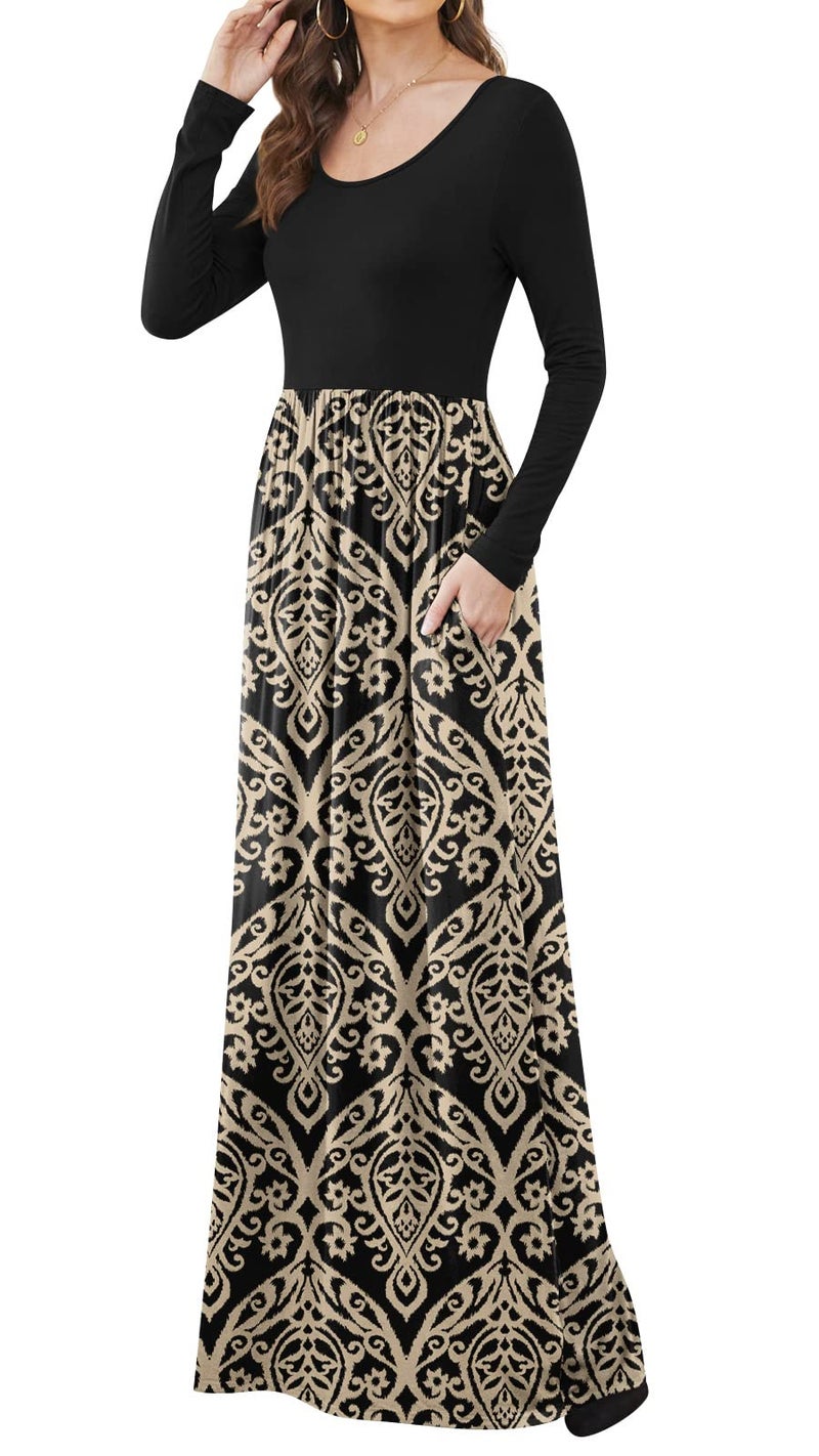 DB MOON Women Casual Long Sleeve Maxi Dresses Empire Waist Long Dress with Pockets Black and Gold L - Image 4