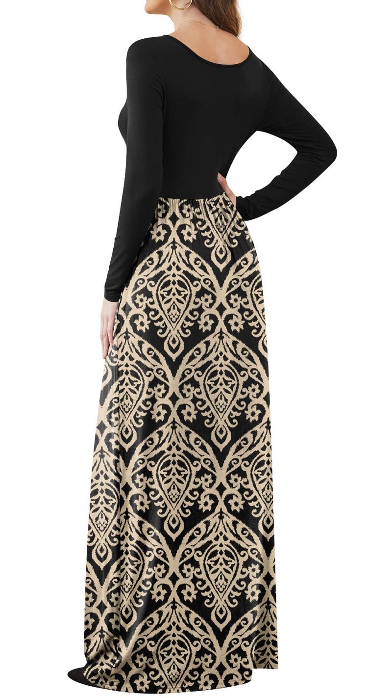 DB MOON Women Casual Long Sleeve Maxi Dresses Empire Waist Long Dress with Pockets Black and Gold L - Image 3