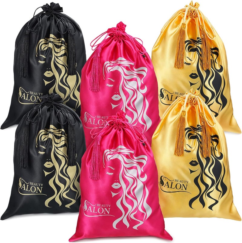 Riakrum 6 Pieces Satin Wig Bags Silky Storage Bag with Drawstring Satin Pouch for Hair Storage Pouch with Tassel for Wigs Bundles Tools Hair Extensions Travel Use - Image 1