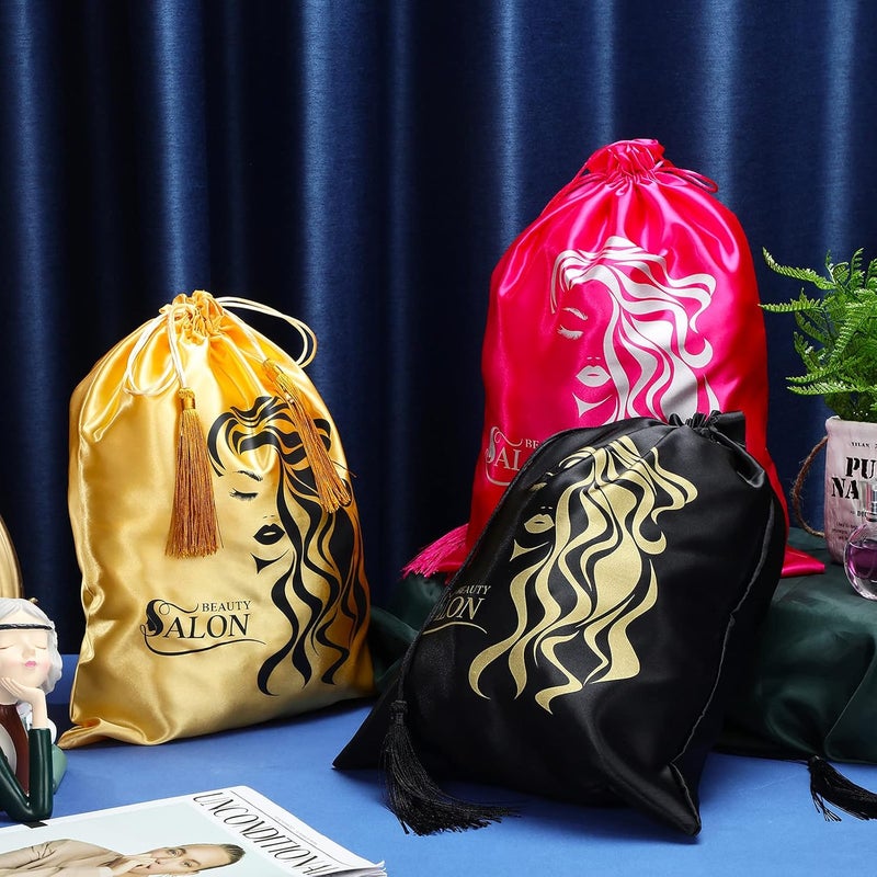 Riakrum 6 Pieces Satin Wig Bags Silky Storage Bag with Drawstring Satin Pouch for Hair Storage Pouch with Tassel for Wigs Bundles Tools Hair Extensions Travel Use - Image 2