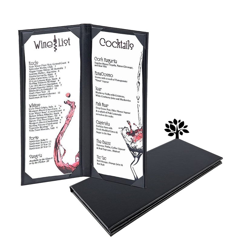 WFD.L Menu Cover 4.25 x 11 inch Leather Menu Holder with Strong Wood Inside Double Views Leather Menu Book Covers for Restaurant Cocktail Drink Wine List Menu Folder - Image 1