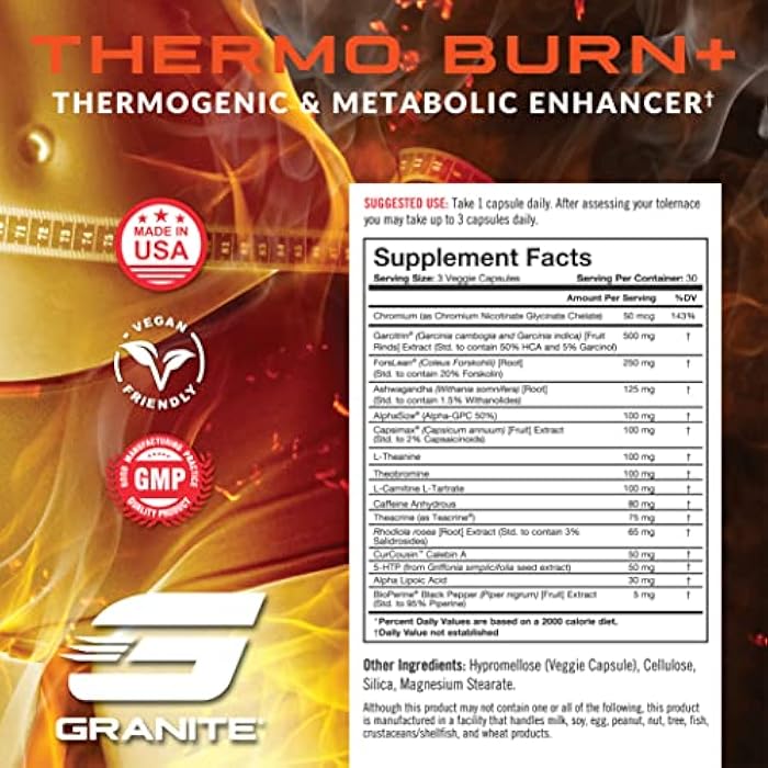 Granite Supplements Thermo Burn by Granite, New Advanced Formula for Thermogenic, Metabolic, Mood & Appetite Support with Alpha GPC, Theobromine, & 5-HTP (90 Capsules) - Image 4