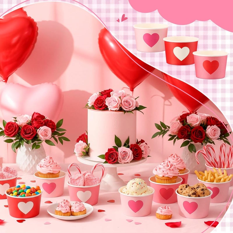 Romooa 100 Pcs 9oz Valentine's Day Paper Bowls Heart Treat Snack Cups Valentine's Day Ice Cream Dessert Bowls Pink Red Treat Snack Dessert Cups for Hot or Cold Food Party Favor Supplies - Image 4