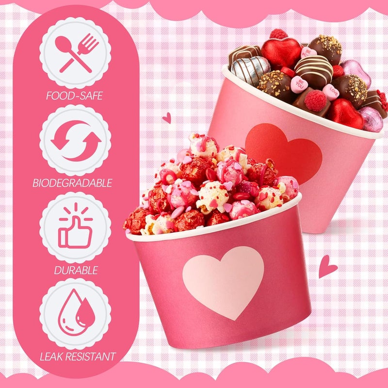 Romooa 100 Pcs 9oz Valentine's Day Paper Bowls Heart Treat Snack Cups Valentine's Day Ice Cream Dessert Bowls Pink Red Treat Snack Dessert Cups for Hot or Cold Food Party Favor Supplies - Image 3