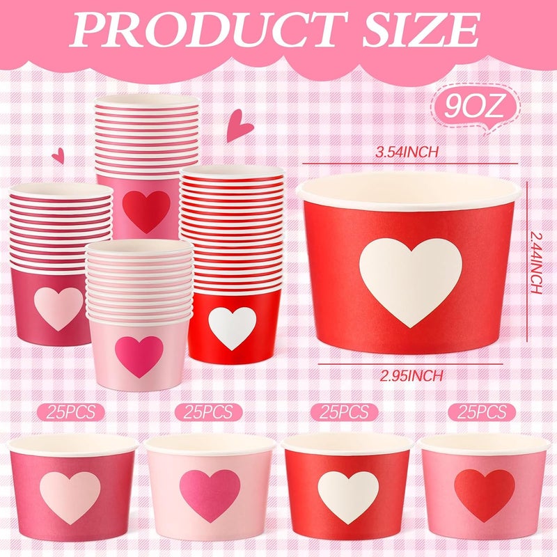 Romooa 100 Pcs 9oz Valentine's Day Paper Bowls Heart Treat Snack Cups Valentine's Day Ice Cream Dessert Bowls Pink Red Treat Snack Dessert Cups for Hot or Cold Food Party Favor Supplies - Image 2