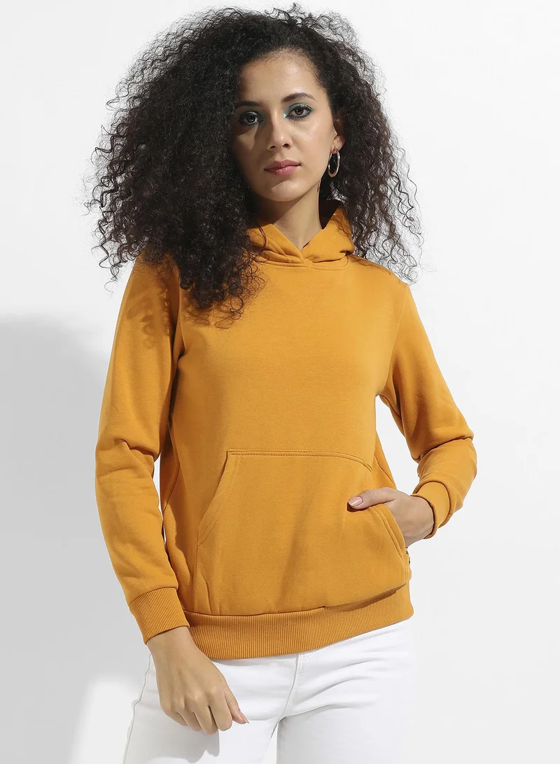 Campus Sutra Women's Mustard Yellow Pullover Hoodie With Kangaroo Pockets