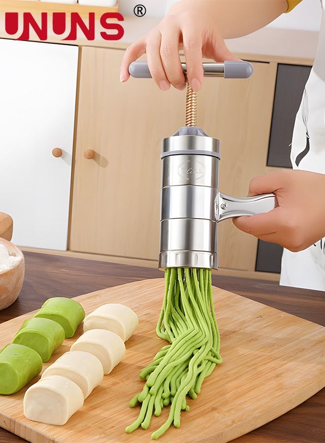 UNUNS صانع المعكرونة اليدوي، صانع المعكرونة اليدوي من الفولاذ المقاوم للصدأ مع 5 قوالب مختلفة، أدوات صنع السباغيتي، فضي - Image 2
