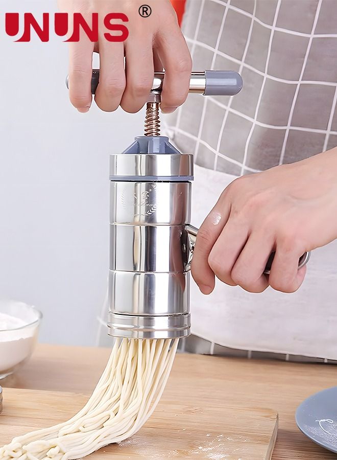 UNUNS صانع المعكرونة اليدوي، صانع المعكرونة اليدوي من الفولاذ المقاوم للصدأ مع 5 قوالب مختلفة، أدوات صنع السباغيتي، فضي - Image 4