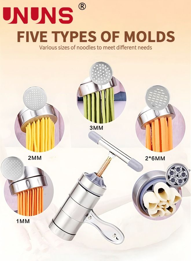 UNUNS صانع المعكرونة اليدوي، صانع المعكرونة اليدوي من الفولاذ المقاوم للصدأ مع 5 قوالب مختلفة، أدوات صنع السباغيتي، فضي - Image 5