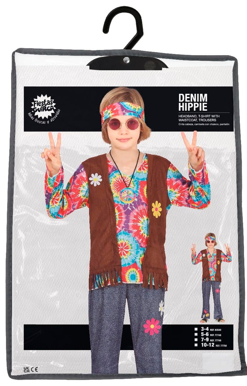 FIESTAS GUIRCA Hippie Boy Fancy Dress Costume - 70s Kids Attire with Hippie Headband, Multicoloured Tie-Dye T-Shirt, Waistcoat and Trousers for Children 5-6 Years - Image 2