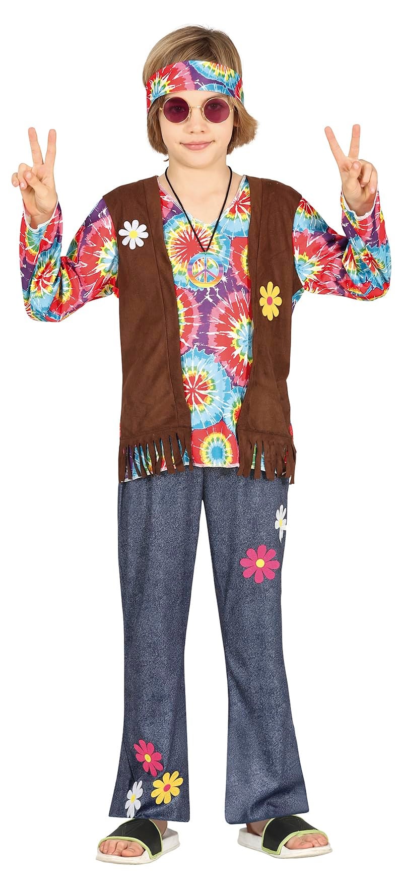 FIESTAS GUIRCA Hippie Boy Fancy Dress Costume - 70s Kids Attire with Hippie Headband, Multicoloured Tie-Dye T-Shirt, Waistcoat and Trousers for Children 5-6 Years - Image 1
