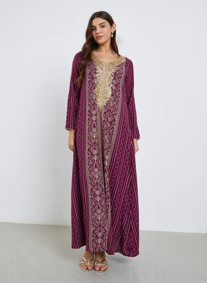 مكسيم كريشن Maxim Creation Gold Thread Embroidery Jalabiya with All Over Print