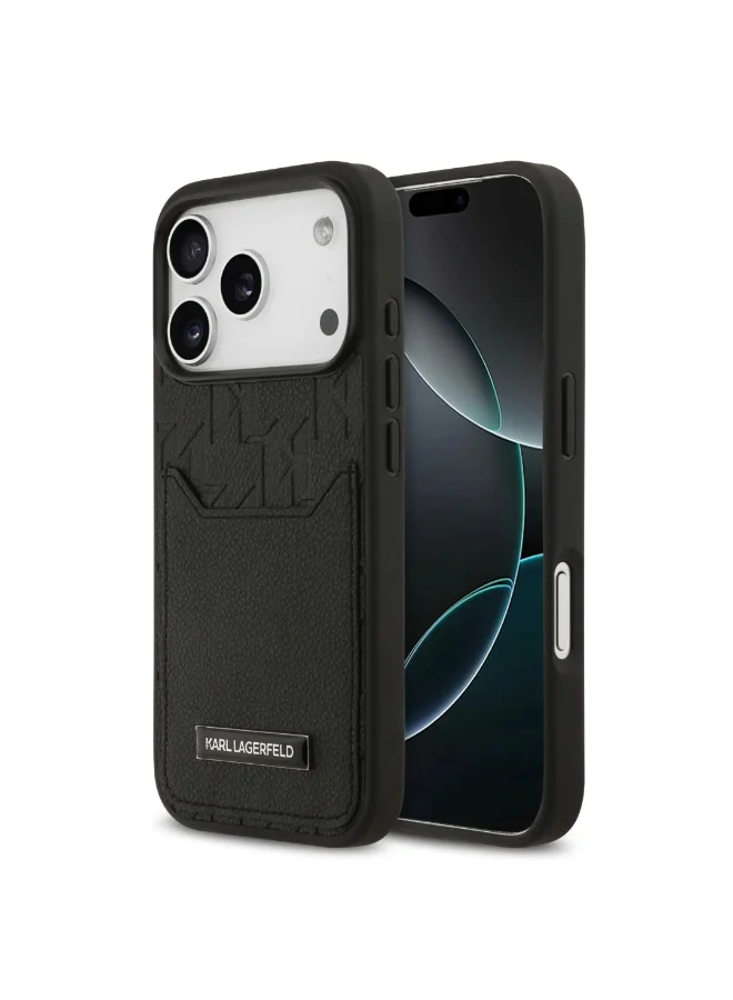 Karl Lagerfeld iPhone 17 Pro Case / PU Grained Back Cover With Card Holder & Monogram Hot Stamped Pattern - Black