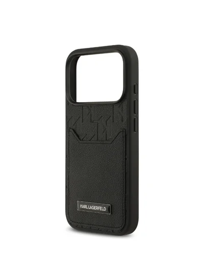 Karl Lagerfeld iPhone 17 Pro Case / PU Grained Back Cover With Card Holder & Monogram Hot Stamped Pattern - Black