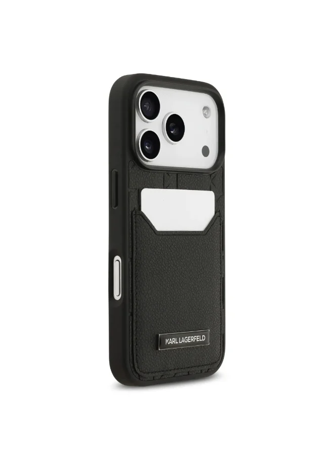 Karl Lagerfeld iPhone 17 Pro Case / PU Grained Back Cover With Card Holder & Monogram Hot Stamped Pattern - Black