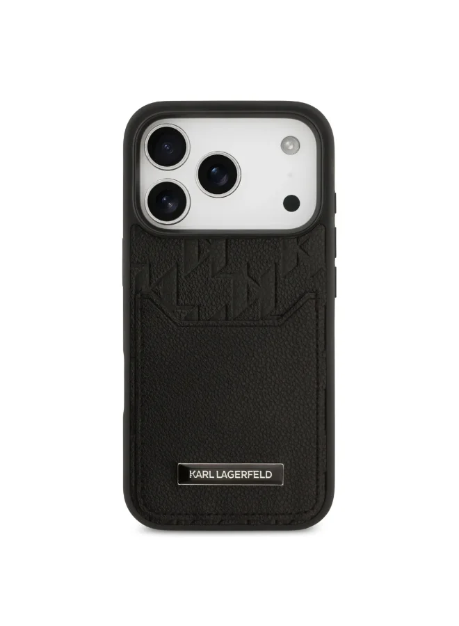 Karl Lagerfeld iPhone 17 Pro Case / PU Grained Back Cover With Card Holder & Monogram Hot Stamped Pattern - Black
