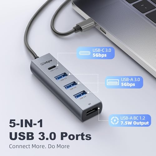 intpw USB C to USB A Hub Splitter 5 Ports with BC Charging Aluminum Thunderbolt to USB C Hub Multiport Adapter USB 3.0 5Gbps Type C Hub Extender for Laptop Mac iPad PC Surface XPS and More(0.82FT5in1) - Image 2