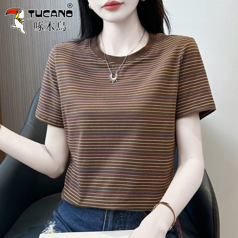 Woodpecker striped short-sleeved T-shirt for women 2025 new summer middle-aged mother loose fashion anti-aging round neck top - Image 2