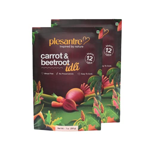 plesantre "Carrot & Beetroot Idli" Un-beet-able combo of nutrition and taste! Instant Ready to Cook Breakfast Idly Batter Premix - Red Rice, Wheat Free - 200g x Pack of 2, Makes 24 Idlies - Image 1
