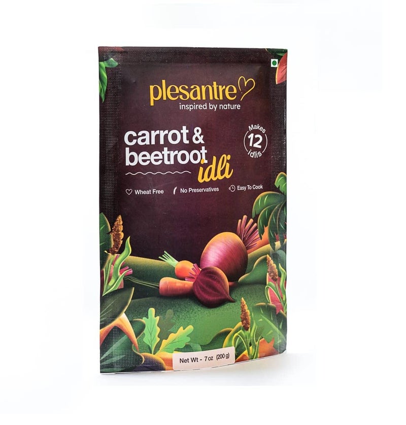 plesantre "Carrot & Beetroot Idli" Un-beet-able combo of nutrition and taste! Instant Ready to Cook Breakfast Idly Batter Premix - Red Rice, Wheat Free - 200g x Pack of 2, Makes 24 Idlies - Image 2