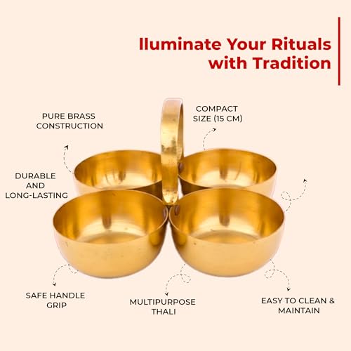 COPRASIA Brass Chokra Chopala Bowl Stand | Traditional 4 Bowl Brass Pooja Thali Set for Haldi, Kumkum, Roli, Rice, Mishri, Elaichi | Indian Festival & Puja Accessory - Image 3