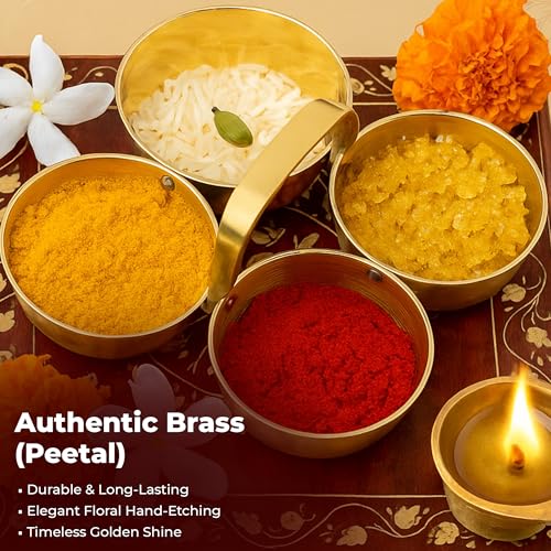 COPRASIA Brass Chokra Chopala Bowl Stand | Traditional 4 Bowl Brass Pooja Thali Set for Haldi, Kumkum, Roli, Rice, Mishri, Elaichi | Indian Festival & Puja Accessory - Image 4